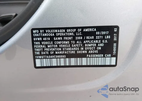 2017 Volkswagen Passat 1.8T Se из США, поврежденный, VIN 1VWGT7A34HC065593